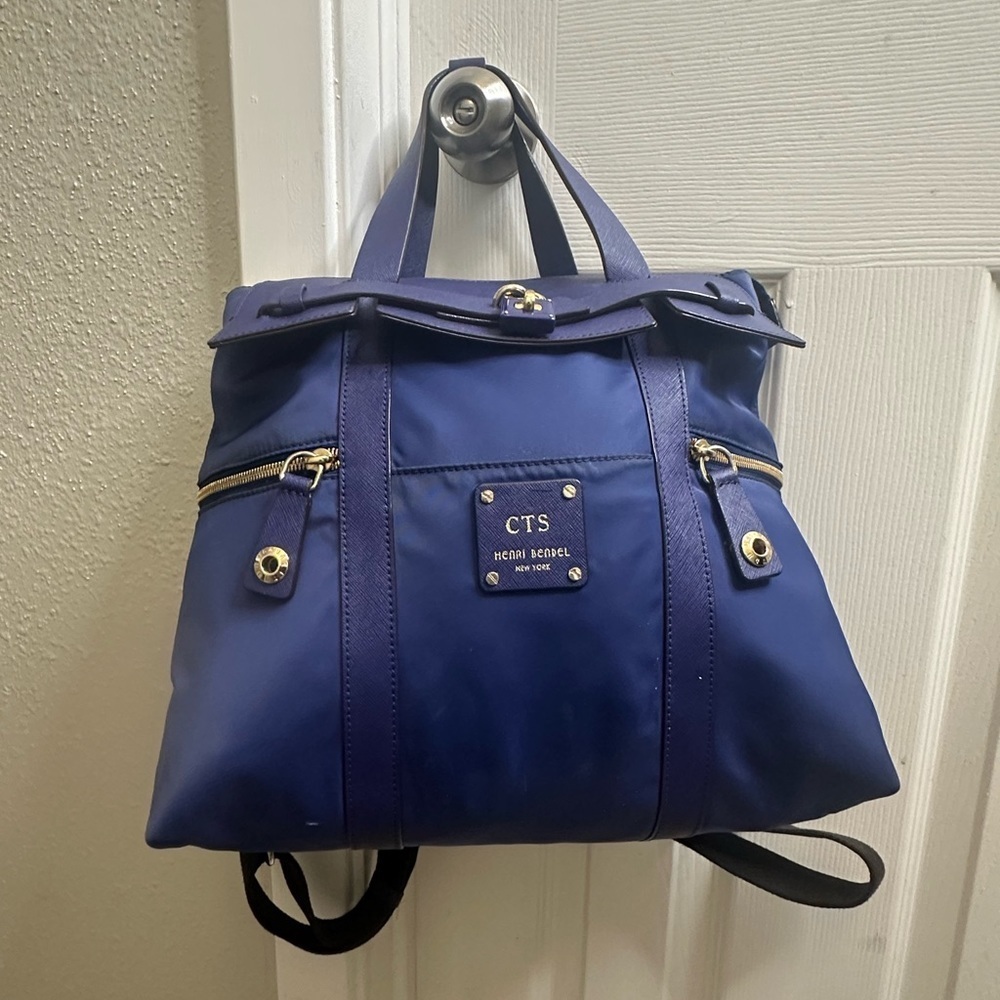 Henri Bendel Jetsetter Convertible Navy Blue Leather Nylon Backpack - Picture 7 of 16